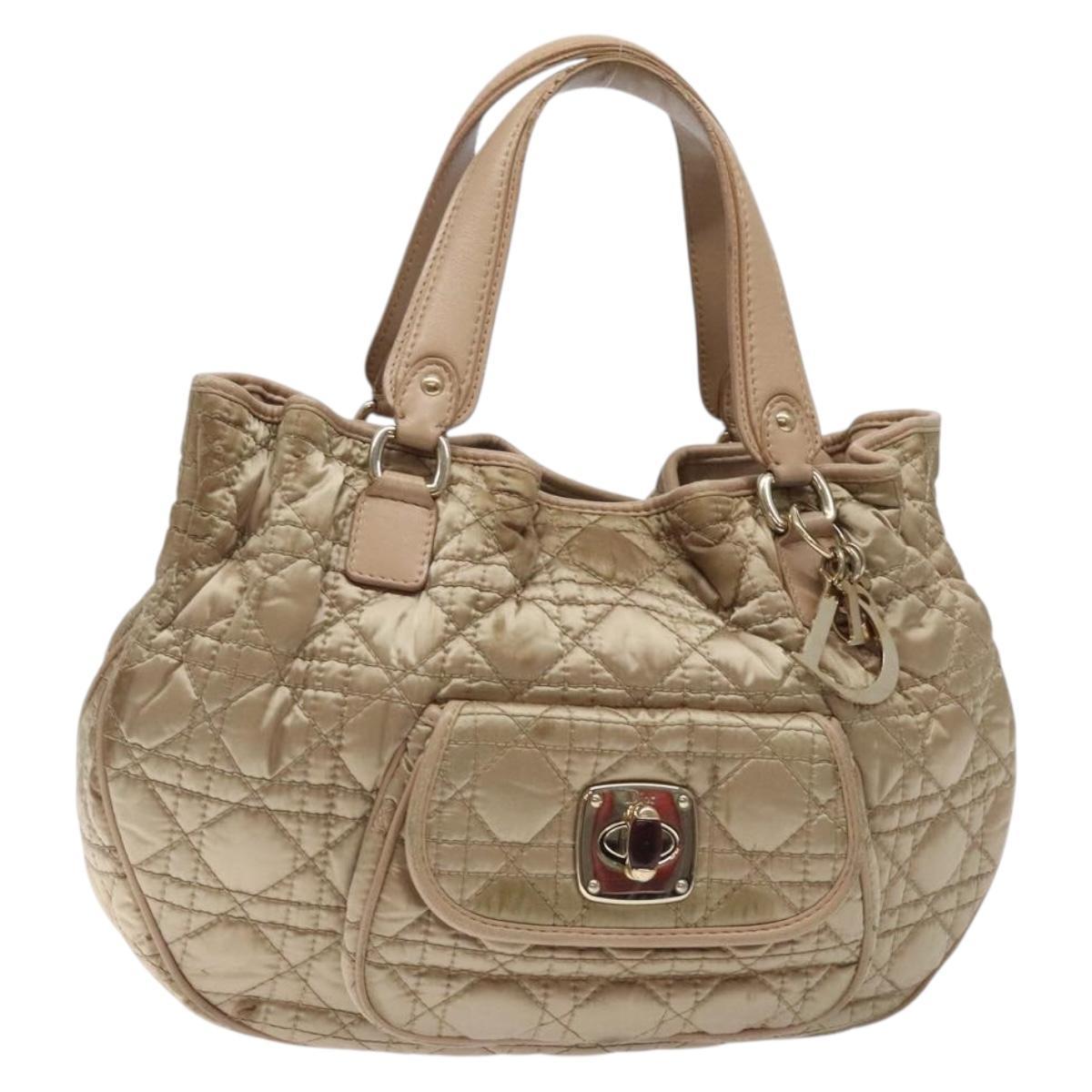 Christian Dior Canage Hand Bag Nylon Beige Gold Auth Bs28087